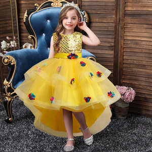 Vestido de princesa para niña, vestido de tul amarillo con cuello redondo, disfraz de fiesta para niñas - Product Image 1