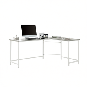 Scrivania per Computer Bambina, Finitura Grigio e Bianco, Superficie in Metallo, Forma a L, Arredamento per Ufficio Domestico - Product Image 1