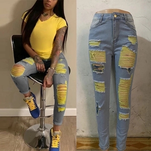 <strong>Women</strong> High Waist Skinny <strong>Jeans</strong> Holes Streetwear Denim Pencil Pants Female <strong>Yellow</strong> Ripped <strong>Jeans</strong> - Product Image 2