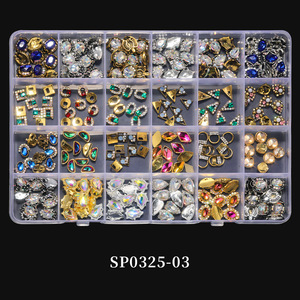 Wholesale 24 <b>Grids</b> Mixed Style 3D <b>Metal</b> Alloy Luxury Designer Brand Logo Rhinestone Antic Cross Nail Charms Set - Product Image 2