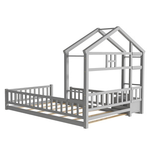 Gray Solid Wood Children's House Bed With Guardrail <b>Storage</b> Bedroom Furniture For <b>Kids</b> - Product Image 5