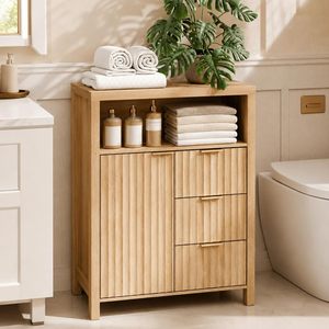 Meuble de salle de bain moderne et fin en MDF, durable et écologique, avec 3 tiroirs et étagère réglable, rangement gain de place pour appartement - Product Image 1