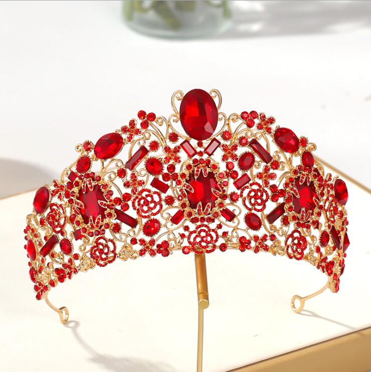 Vintage red large Baroque Party Crowns Tiara Crown Crystal Heart Wedding Hair Accessories Princess Headband Bridal Ornaments