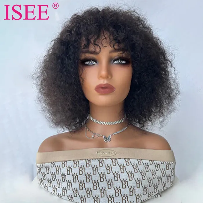 ISEE Upgrade Natural Hairline Fake Scalp Silk Top Wigs Full Machine Made Wigs With Bang Bouncy Curly Bob Human Hair Wigs