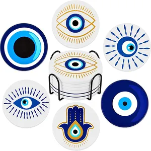 Conjunto de 6 Porta-copos cerâmicos do mau olhado com porta-copos do porta-copos azuis do mau olhado para bebidas redonda absorvente esteira do copo com base da cortiça