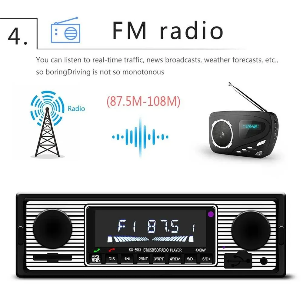 1 DIN Xe Đài Phát Thanh Stereo Bluetooth FM AUX Receiver 12V SX-5513 Autoradio Điều Khiển Từ Xa Xe MP3 Máy Nghe Nhạc