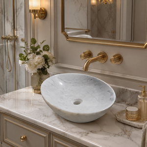 Poulars En gros Lavabo de luxe mural en pierre naturelle et pierre artificielle, avec piédestal, en marbre de Carrare blanc - Product Image 1