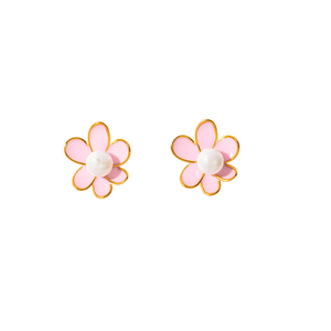 Fashion Stud Earrings Pink <b>Flower</b> Pearl Center Gold Plated 316L Stainless Steel Sustainable Resistant Design - Product Image 2