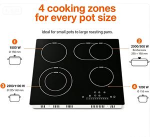 Table <span class=keywords><strong>de</strong></span> cuisson <span class=keywords><strong>vitrocéramique</strong></span> encastrable 7200W 4 zones avec double anneau d'extension, commande tactile, minuterie, 59cm - Product Image 5