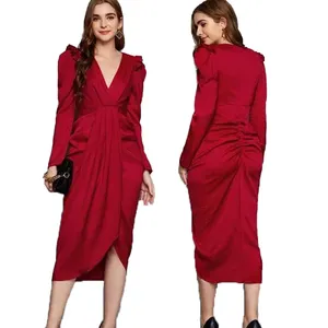 Custom Design Double Crazy Puff Sleeve Ruched Satin Office Elegant Casual Women Clothing Dresses