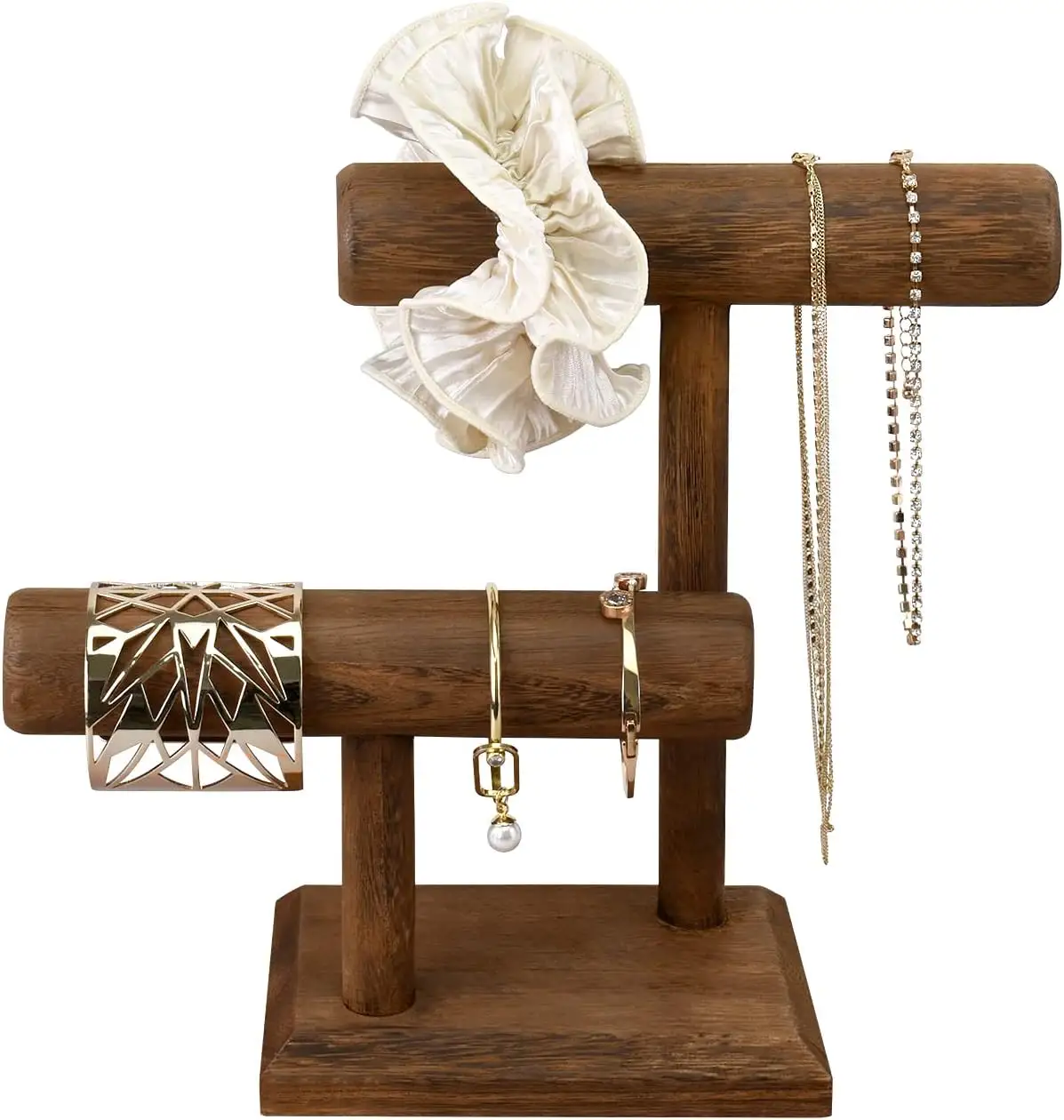 Tour de présentation de bijoux en bois à 2 niveaux, support de rangement pour collier chouchou