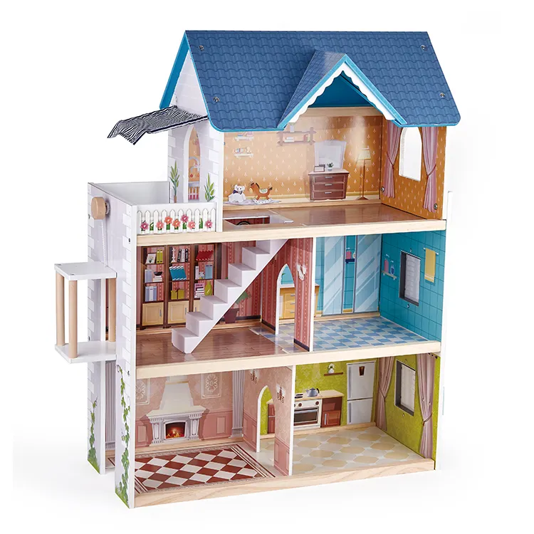 Pretend Role Play DIY Educational Toy Big Kids Wooden Doll House Villa With Doll Room Furniture Dollhouse