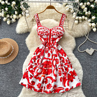 Robe Courte Décontractée Rouge à Imprimé Floral pour Femme, Bretelles Fines, Coupe Trapèze Ajustée, Fermeture Éclair au Dos, Idéale pour le Quotidien, les Fêtes, les Rendez-vous et les Activités en Extérieur