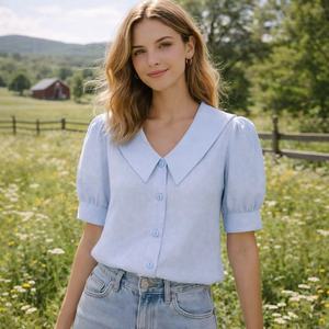 Custom-made Linen <strong>Sailor</strong> Collar Blue Elegant Ladies' <strong>Shirts</strong> for Women's Wear. High-quality Supplier of Women's Clothing - Product Image 2