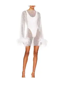 Dress Mini wanita, Gaun Atasan potongan rendah leher V seksi, gaun berlian transparan elegan tipis tipis tipis