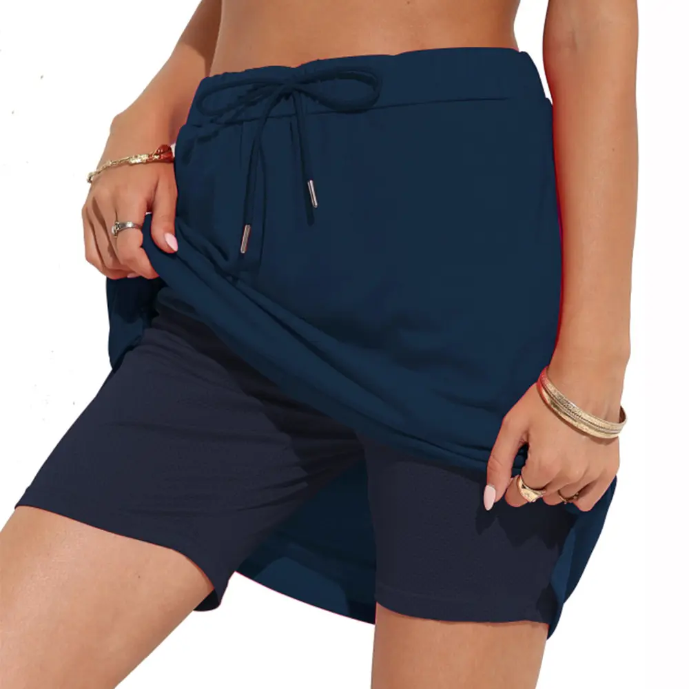 Summer Women's Stretchy Knee Length Golf Skirt Athletic Apparel Dress Double Layer Drawstring Waist Tennis Skirt