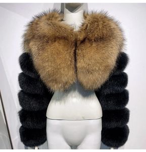 RX Furs Streetwear Fashion Jacke mit kurzen Ärmeln Echter Waschbär Natur fuchs Zwei lange Pelz ärmel Kurz mantel und Schal - Product Image 2