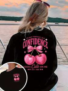 T-shirt da donna nera con stampa ciliegie, vestibilità ampia, girocollo, casual, manica corta, 100% cotone jersey, tutte le stagioni - Product Image 3