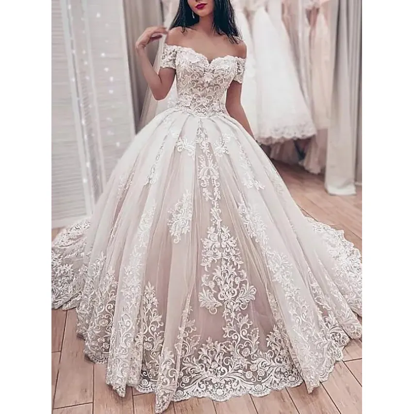 Vintage off-the-shoulder lace bridal wedding dress handmade lace large tail wedding dress