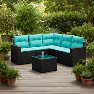 Conjunto de Sofás de Patio Residenciales de Ratán Sintético Negro, Muebles de Exterior de 6 Plazas con Cojines, Diseño Moderno Contemporáneo - Product Image 2
