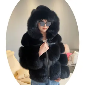 Kış kadın kapşonlu kürk kırpılmış ceket artı boyutu lüks Lady tam kollu siyah deri gerçek tilki kürk ceket