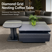 Ensemble de tables basses gigognes modernes et minimalistes avec panneaux en verre technologique, finition brillante et motif diamant en relief, pour salon, avec rangement sous tiroirs, disponible en gros