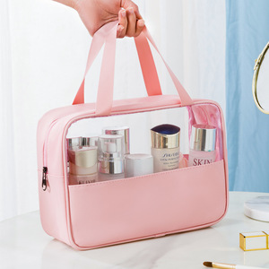 Bolsa de maquillaje portátil de gran capacidad con organizador frontal transparente para cosméticos y artículos de aseo - Product Image 1