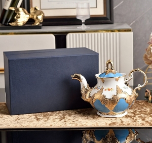Luxury Blue Gold Embossed Floral Bone China Teapot Elegant Baroque Style Porcelain Tea Pot For Banquet - Product Image 1