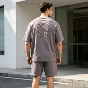 500g Hot Selling Men's <b>sets</b> Embossing Crew Neck T-Shirt Casual Summer Wear <b>Knitted</b> 100% Cotton Solid Color Two Piece <b>Set</b> for Men - Product Image 5