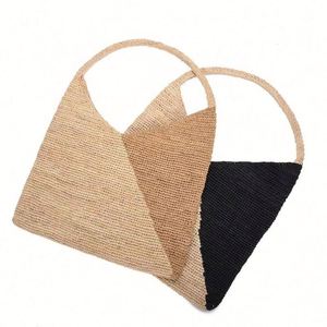 Bolso de Playa de Rafia Fina Hecho a Mano para Mujer, Bolso Tote de Paja de Papel Tejido a Crochet de Dos Tonos para Viajes de Verano - Product Image 2