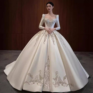 Satin Wedding Dress Ball Gown Sweetheart Neckline Long Sleeves Princess Waistline Vintage Style <b>Floor</b> Length - Product Image 3