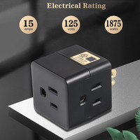 3 Prizli Siyah Duvar Tipi Priz Adaptörü, Topraklı ABD Fişi, 125V 15A, İç Mekan Kullanımı