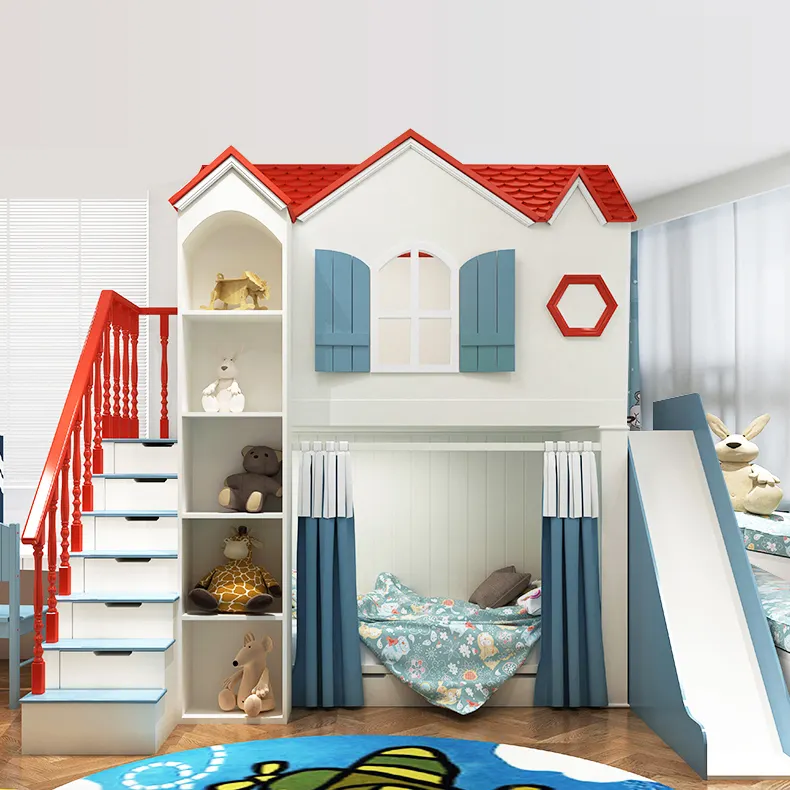 Modern merdiven slayt ile çocuk oyun evi ranza lüks prenses yüksek ve düşük katı ahşap çocuk kale yatağı
