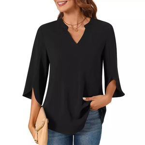 เสื้อยืดคอ<span class=keywords><strong>วี</strong></span>ผ้าชีฟองแขน3/4สีพื้นพิมพ์ลายเสื้อผู้หญิงผ้าโมดอลเสื้อลำลองสำหรับผู้หญิงใส่ฤดูร้อน - Product Image 3