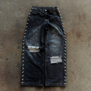 Custom Manufacturers Vintage <strong>Men's</strong> Casual Denim Pants Oversized Button Straight Wide Leg Baggy Rivet Rhinestone <strong>Men</strong> <strong>Jeans</strong> - Product Image 1