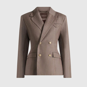 Blazer de Mujer con Doble Botonadura y Rayas Finas, Manga Larga, Cuello con Muescas, Mezcla de Lana y Poliéster, para Otoño, Tejido Antiarrugas - Product Image 5