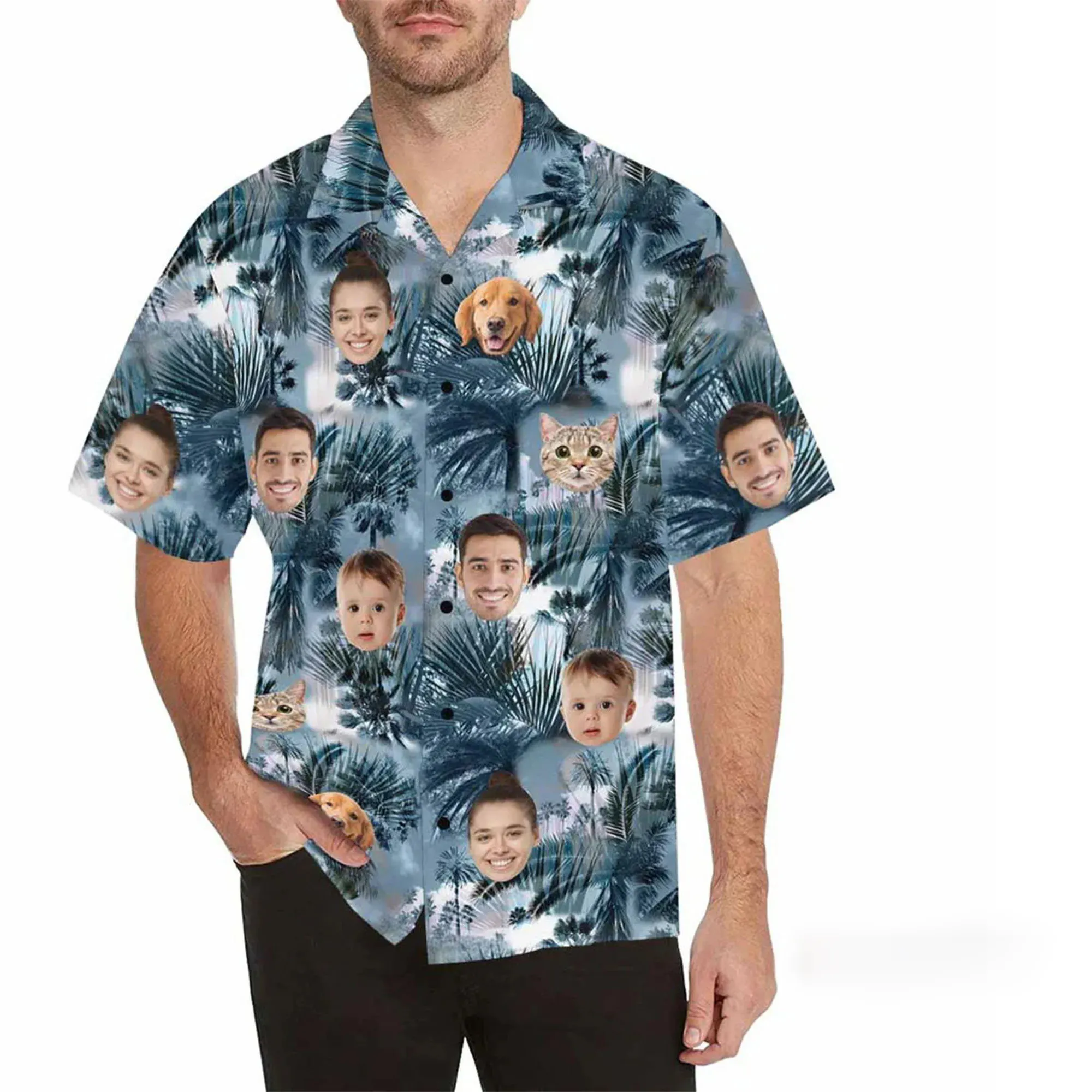 Camiseta hawaiana personalizada con cara para hombre, camisa popular Aloha con botones, camisetas de fiesta en la playa de verano con flores tropicales hawaianas