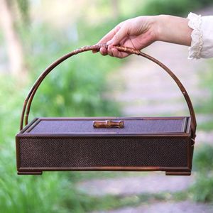 Bamboo Woven Rectangular Food Box With Handle Handmade Tea Storage Basket For Tea Ceremony Gift Craft Use - Product Image 1