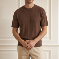 Pull en maille mélangée de laine pour homme, col rond, manches courtes, tricot texturé, lavable en machine, anti-boulochage, style Old Money, usine OEM ODM
