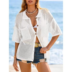 Chemisier ample en crochet pour femme à manches courtes, col boutonné, col en V, ajouré, haut d'été 100% acrylique - Product Image 2