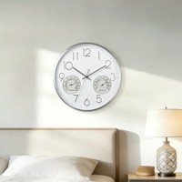 Horloge murale silencieuse à quartz en métal blanc moderne de 14 pouces avec thermomètre et hygromètre, chiffres 3D pour l'intérieur d'un appartement