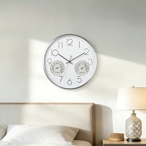 นาฬิกาแขวนผนังควอตซ์แบบเงียบ ขนาด 14 นิ้ว สีขาว ดีไซน์ทันสมัย พร้อมเทอร์โมมิเตอร์และเครื่องวัดความชื้น ตัวเลข 3 มิติ เหมาะสำหรับตกแต่งภายในอพาร์ตเมนต์ - Product Image 3