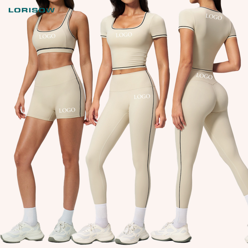 LORISOW 4pcs Pants Fitness Yoga Wear Pilates Yoga Sets Fitness Women Outfit High Quality Sport Bra Leggings Set Short Sleeve