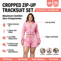 Setelan Olahraga Wanita Plus Size 2 Potong dengan Logo Custom, Zip-Up, Crop Top, Celana Pendek Pinggang Tinggi, Model Longgar, Streetwear, Jogger