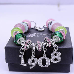 Elegante Piedra Rosa y verde Símbolo alfa griego año de fundación 1908 encantos decorados pulsera Soror ajustable con cuentas de lujo - Product Image 5