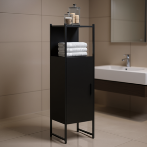 Meuble de salle de bain moderne en bois d'ingénierie noir, largeur 18 pouces, étagères autoportantes en acier thermolaqué - Product Image 2