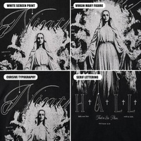 T-shirt à manches courtes en coton lourd avec impression graphique religieuse personnalisée de la Vierge Marie en noir et blanc pour hommes, look gothique hip-hop