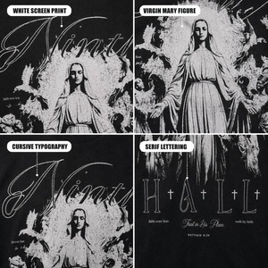 T-shirt à manches courtes en coton lourd avec impression graphique religieuse personnalisée de <span class=keywords><strong>la</strong></span> Vierge Marie en noir et blanc pour hommes, look gothique hip-hop - Product Image 2