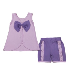 ชุดเสื้อยืดกางเกงขาสั้นผ้าฝ้ายสีม่วงประดับโบว์ใหญ่สไตล์ลำลองสำหรับเด็กผู้หญิง RTS รุ่นซัมเมอร์ 2 ชิ้น ดีไซน์ใหม่ เสื้อผ้าเด็กผู้หญิง - Product Image 1
