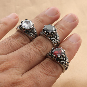 yunnique Retro Men's Stainless Steel <b>Rings</b> With <b>Black</b> Red Clear Stone Bezel Setting Geometric Design Gift Jewelry - Product Image 3